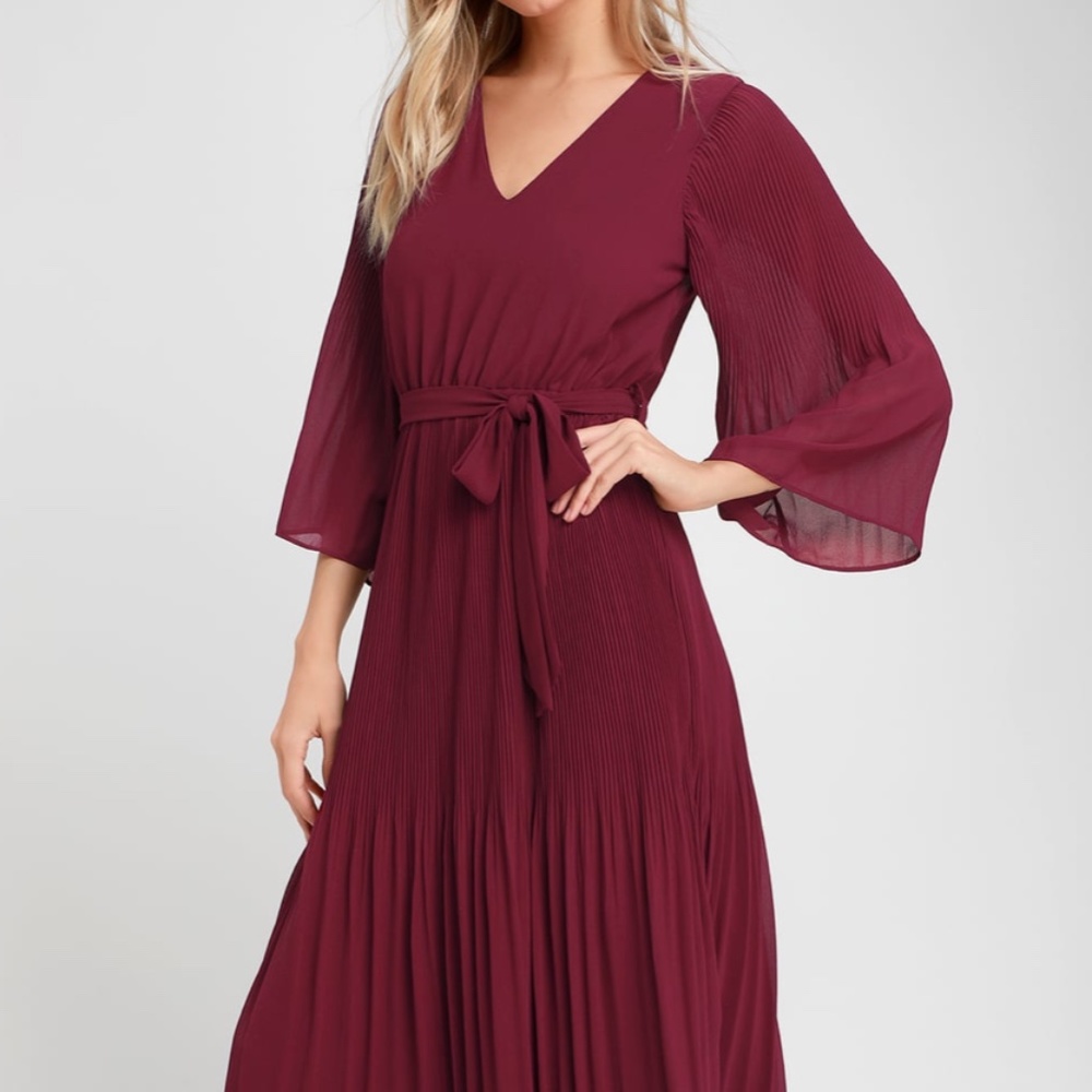 Lulus Burgundy Long Sleeve Pleated Midi Dress